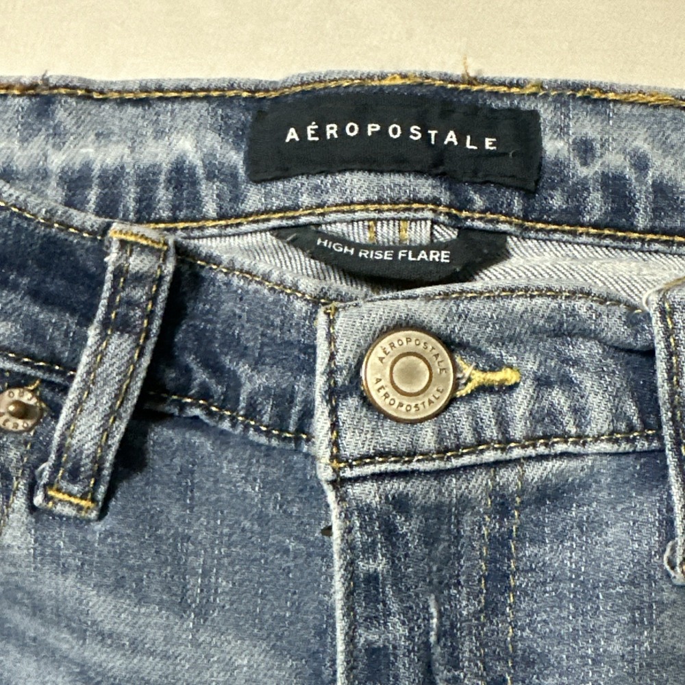 Aeropostale High Rise Flare Jeans Medium Wash Distressed Frayed Hem Womens 000